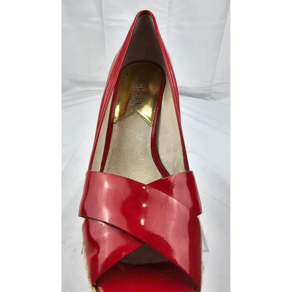 Michael Kors Red Patent Leather Espadrille Platform Wedge Heels Shoes Size 7.5